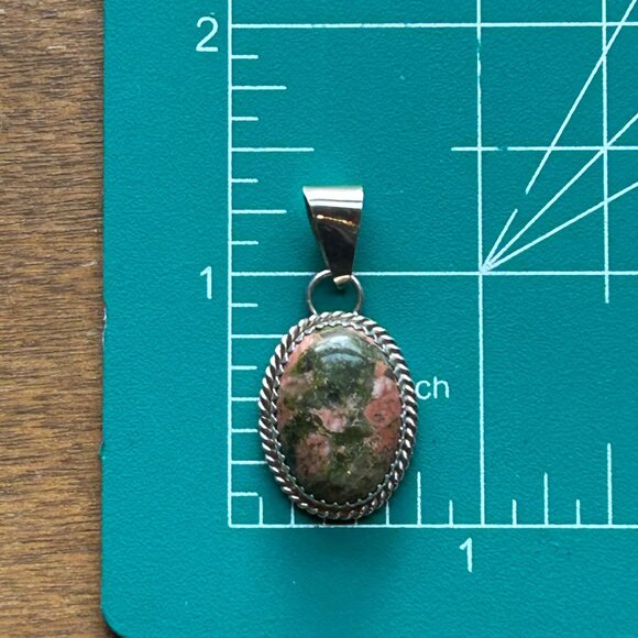 Handcrafted Sterling Silver 925 Oval Pendant Unakite Stone Green & Pink MKM - Picture 7 of 7